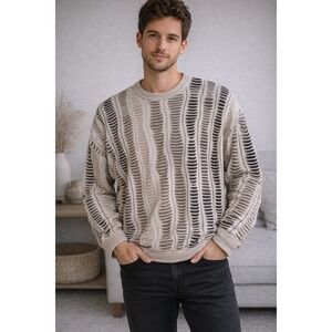 Tundra Canada Textured Knit Sweater Mens L Beige Distressed Open‎ Weave Coogi